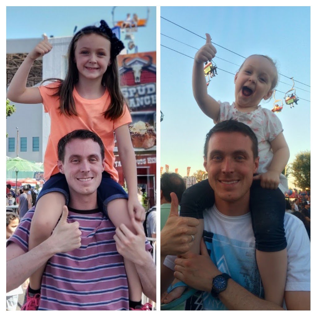 recreating a photo from 5 years ago with Maddison on Zach's shoulders